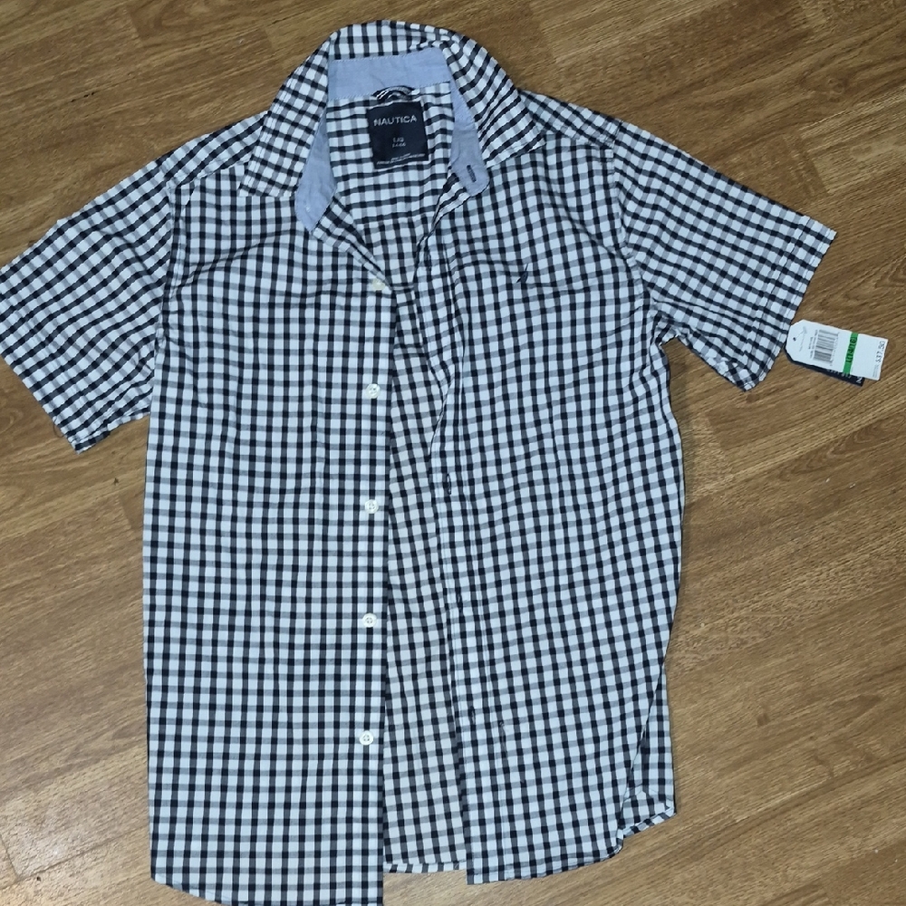 Nautica Navy Short Sleeve Plaid Button-Down Shirt
